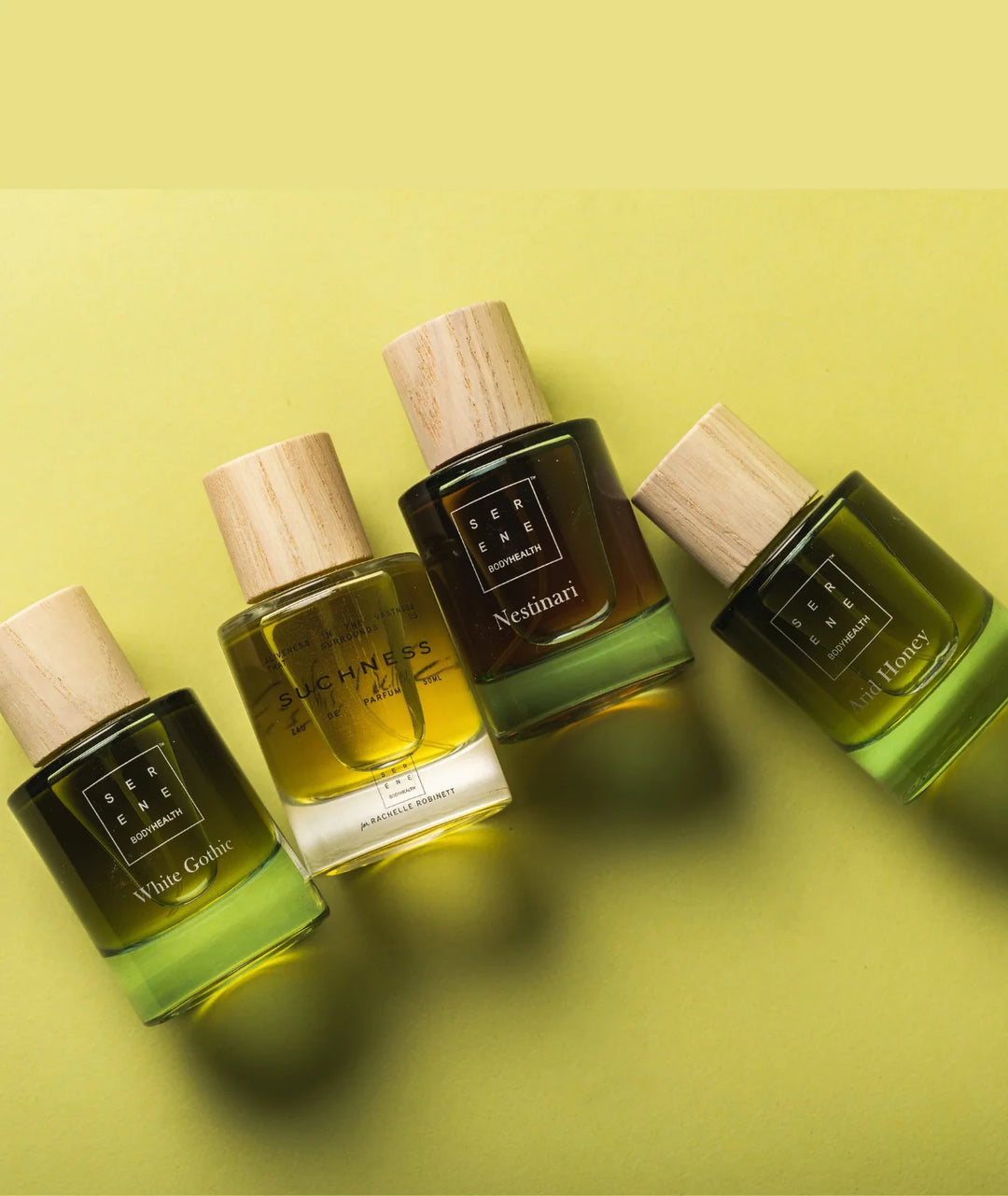 Serene Bodyhealth perfume collection including Nestinari, Suchness, White Gothic, and Arid Honey.