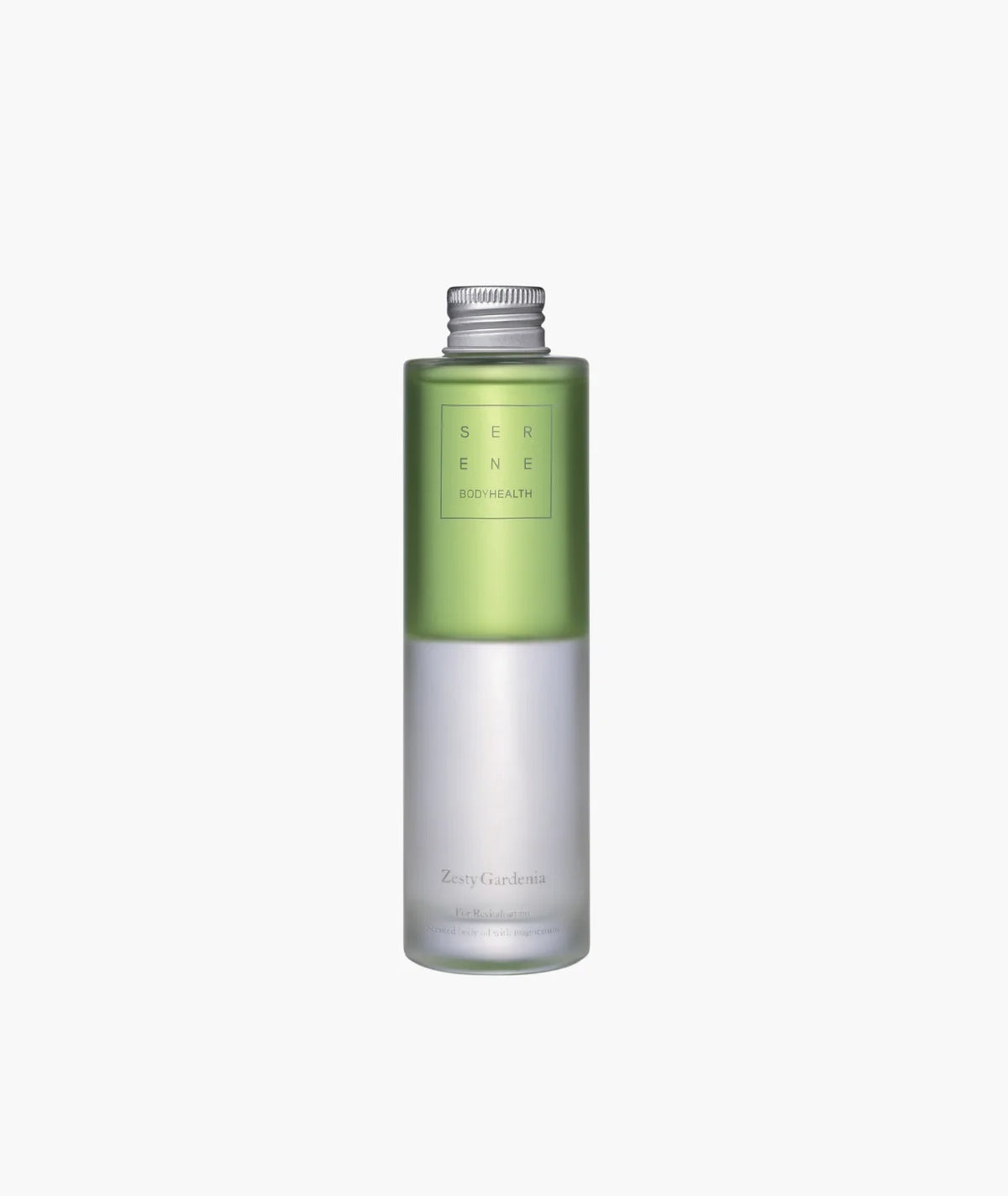 Zesty Gardenia Body Oil by Serene BodyHealth — frosted green glass bottle, front view | revitalizing magnesium body oil