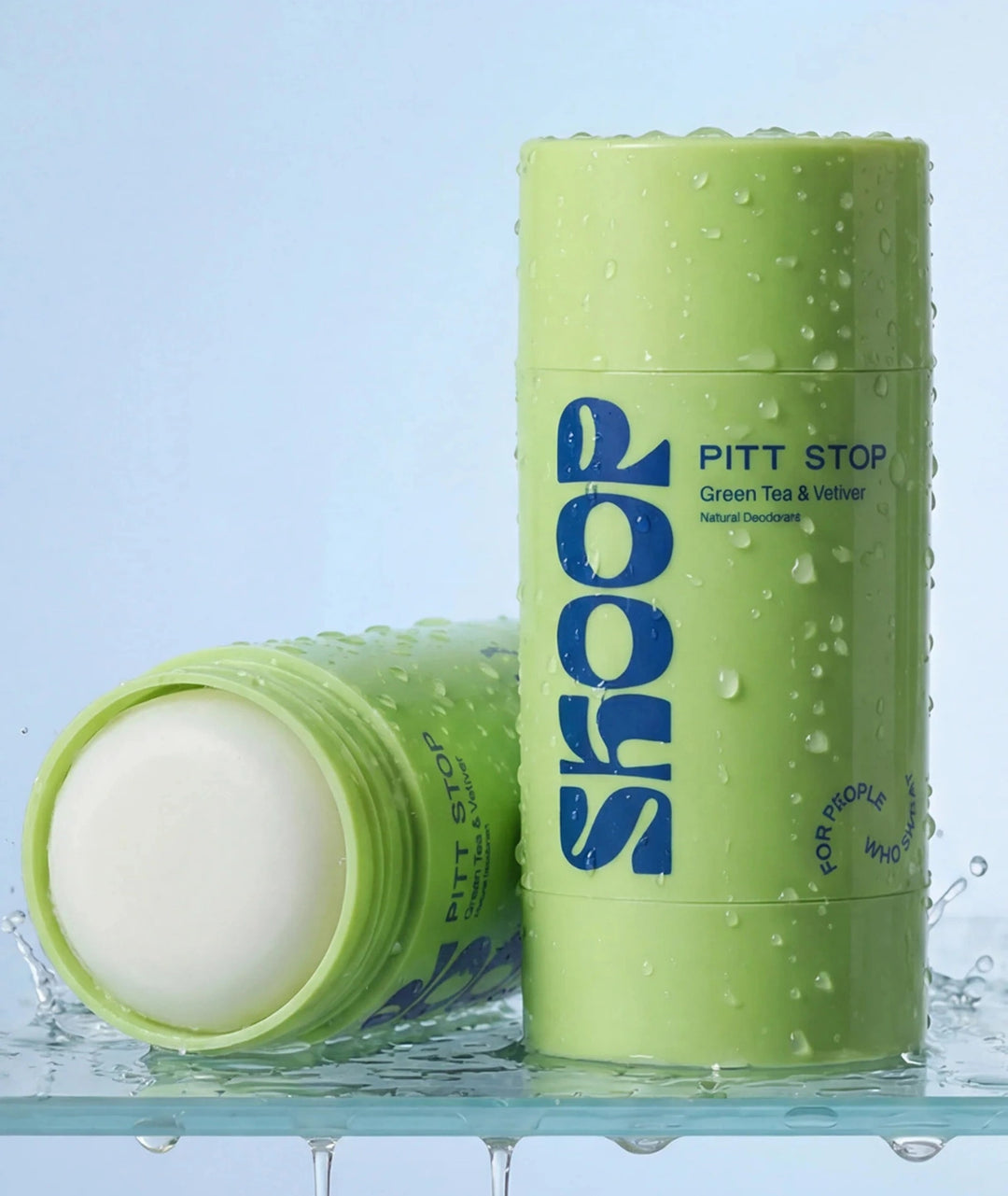 Skoop Pitt Stop Natural Deodorant Green Tea & Vetiver deodorant stick with open balm formula and water droplets, natural deodorant for long-lasting freshness and daily odour control at VAMS Beauty.