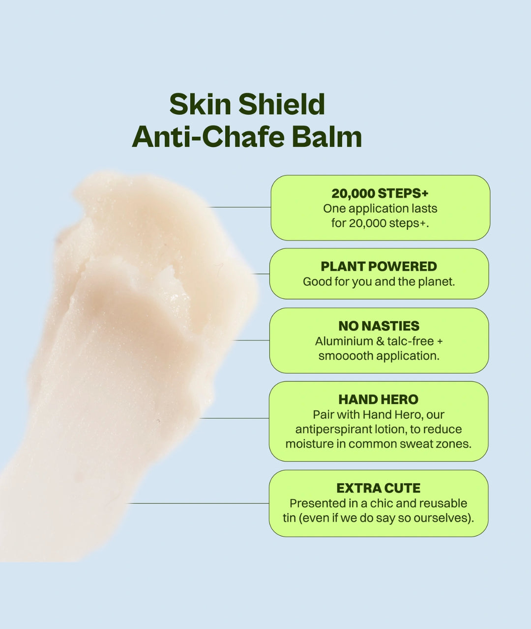 Skoop Skin Shield Anti-Chafe Balm ingredient texture and benefits graphic highlighting plant-powered anti-chafe protection, aluminium-free formula, smooth application and long-lasting skin comfort for active lifestyles.