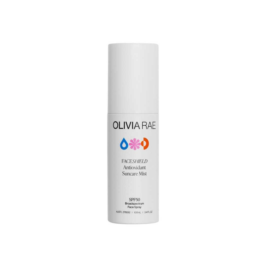 Stay protected with Olivia Rae's FACESHIELD Antioxidant Suncare Mist SPF50 from VAMS BEAUTY SHOP, a must-have Australian sunscreen offering high broad-spectrum face protection in a convenient spray form.